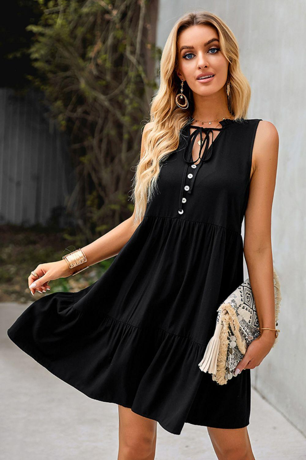 Flexible Tie Neck Tiered Mini Dress - MXSTUDIO.COM