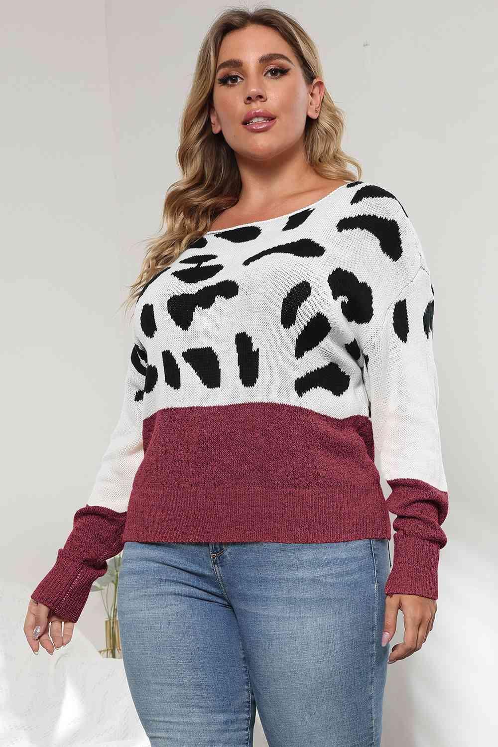 Flexile Long Sleeve Plus Size Leopard Sweater - MXSTUDIO.COM