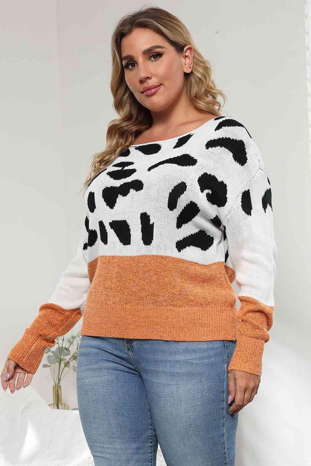 Flexile Long Sleeve Plus Size Leopard Sweater - MXSTUDIO.COM