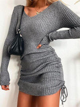 Flirty Cute Long Sleeve Drawstring Side Dress-MXSTUDIO.COM