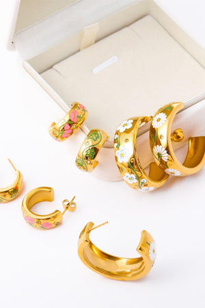 Floral Accent C-Shape Gold Plated Hoop Earrings - MXSTUDIO.COM