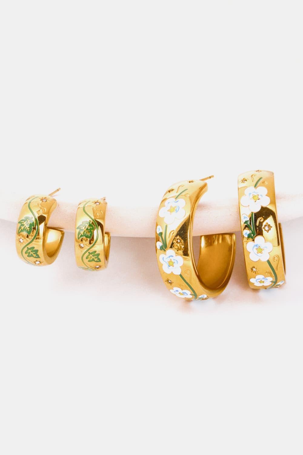 Floral Accent C-Shape Gold Plated Hoop Earrings - MXSTUDIO.COM