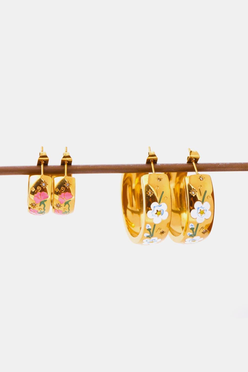 Floral Accent C-Shape Gold Plated Hoop Earrings - MXSTUDIO.COM