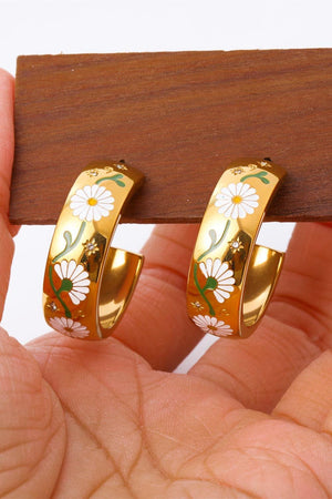 Floral Accent C-Shape Gold Plated Hoop Earrings - MXSTUDIO.COM