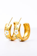 Floral Accent C-Shape Gold Plated Hoop Earrings - MXSTUDIO.COM