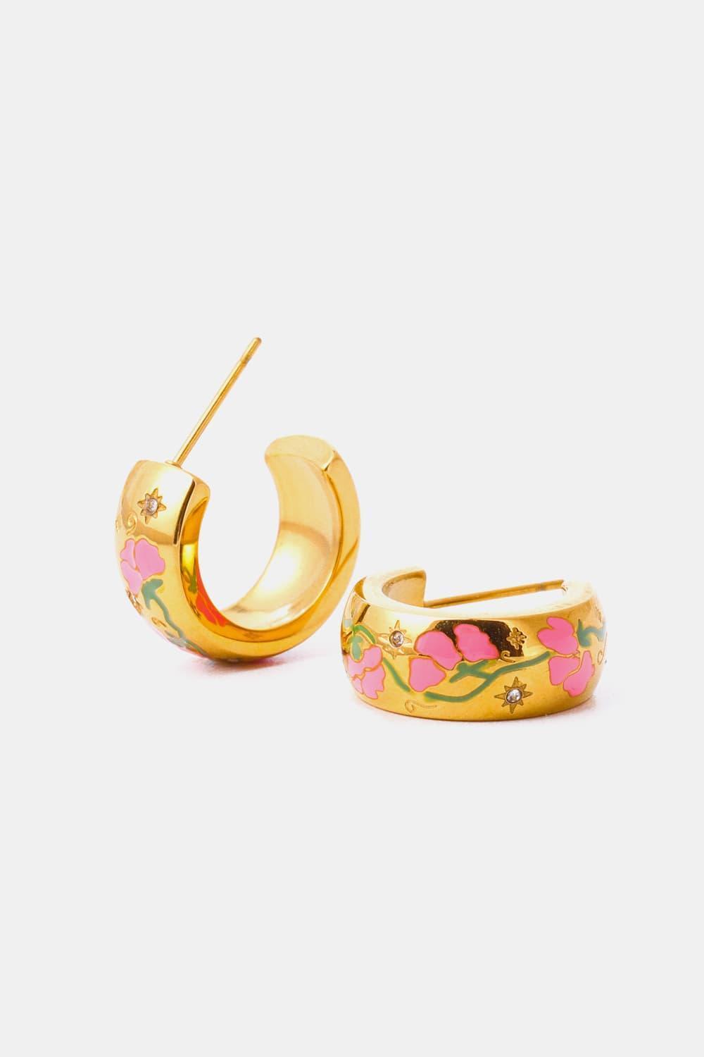 Floral Accent C-Shape Gold Plated Hoop Earrings - MXSTUDIO.COM