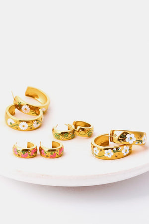 Floral Accent C-Shape Gold Plated Hoop Earrings - MXSTUDIO.COM