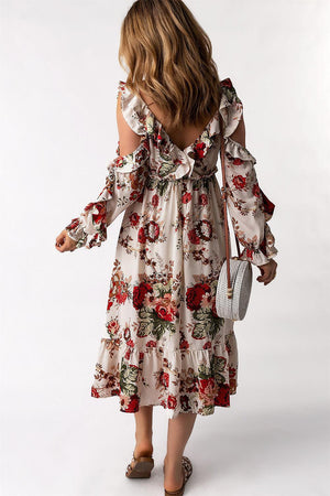 Floral Cold-Shoulder Ruffled Dress - MXSTUDIO.COM