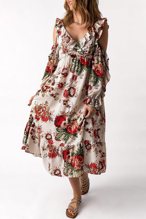 Floral Cold-Shoulder Ruffled Dress - MXSTUDIO.COM