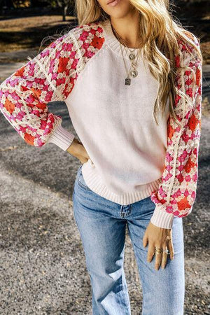 Floral Crochet Sleeve Crew Neck Knit Sweater-MXSTUDIO.COM