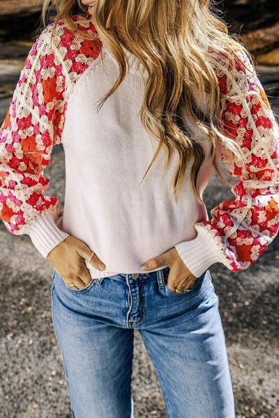 Floral Crochet Sleeve Crew Neck Knit Sweater-MXSTUDIO.COM