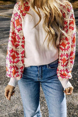 Floral Crochet Sleeve Crew Neck Knit Sweater-MXSTUDIO.COM