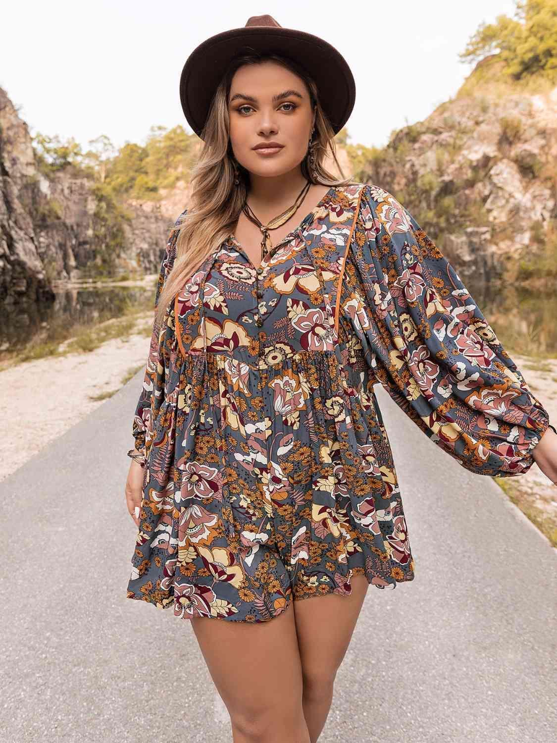 Floral Plus Size Long Sleeve Romper - MXSTUDIO.COM