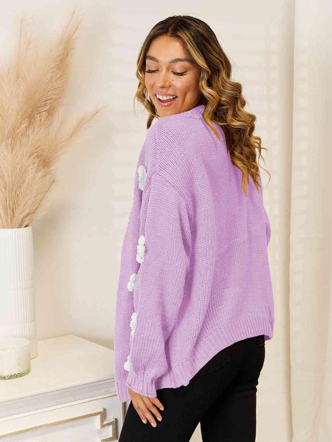 Flower Accent Dropped Shoulder Open Front Cardigan - MXSTUDIO.COM