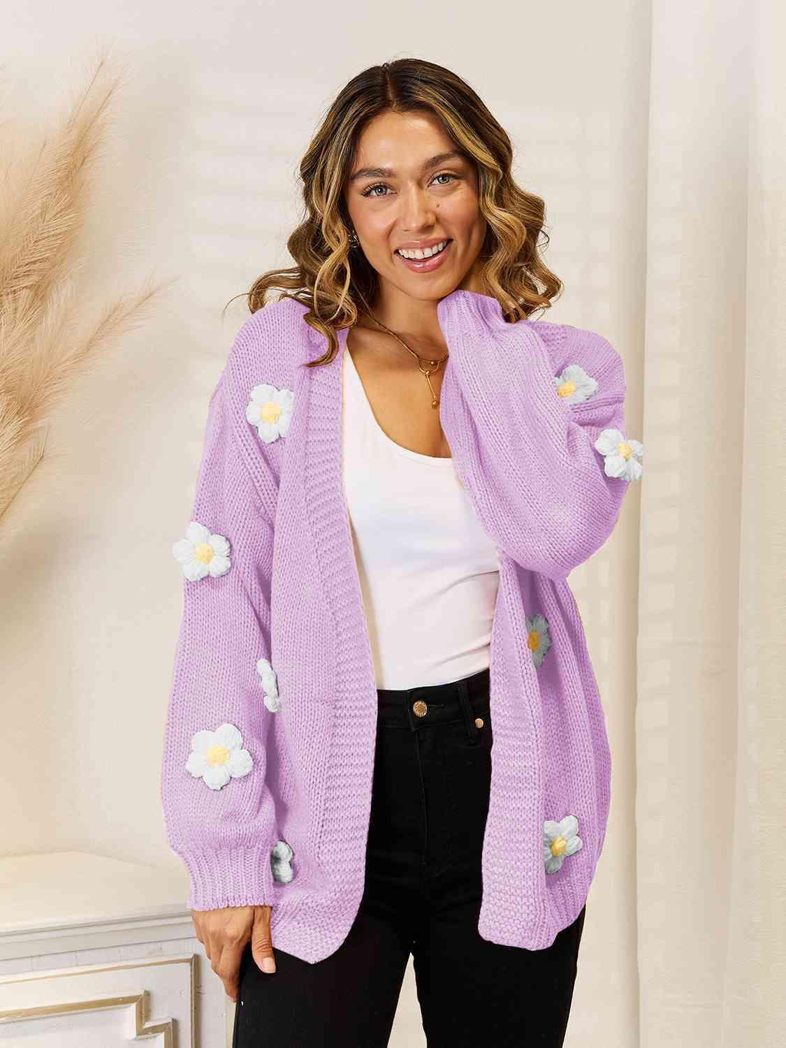 Flower Accent Dropped Shoulder Open Front Cardigan - MXSTUDIO.COM