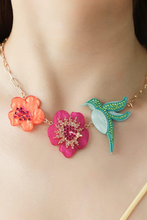 Flower And Bird Rhinestone Pendant Box Chain Necklace - MXSTUDIO.COM