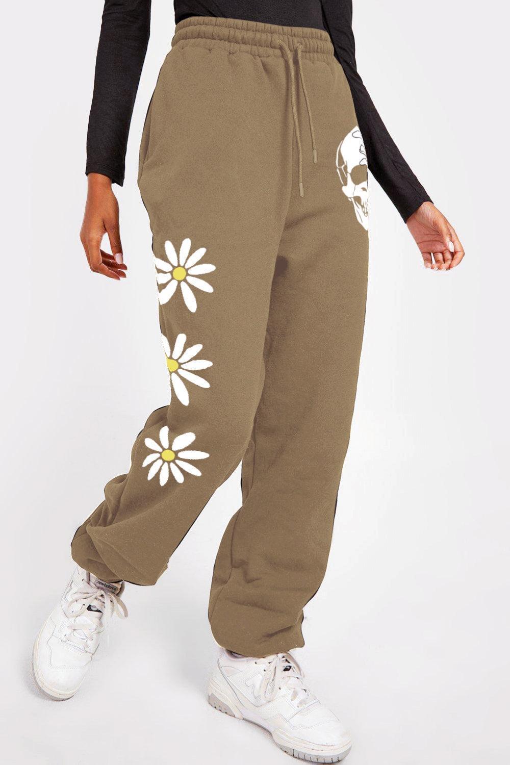 Flower And Skull Graphic Elastic Waist Sweatpants - MXSTUDIO.COM