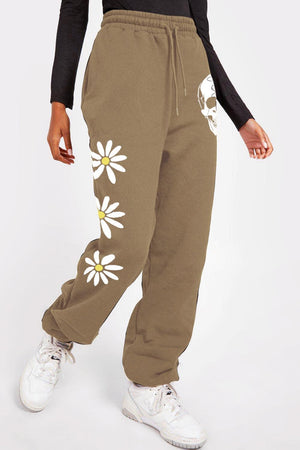 Flower And Skull Graphic Elastic Waist Sweatpants - MXSTUDIO.COM