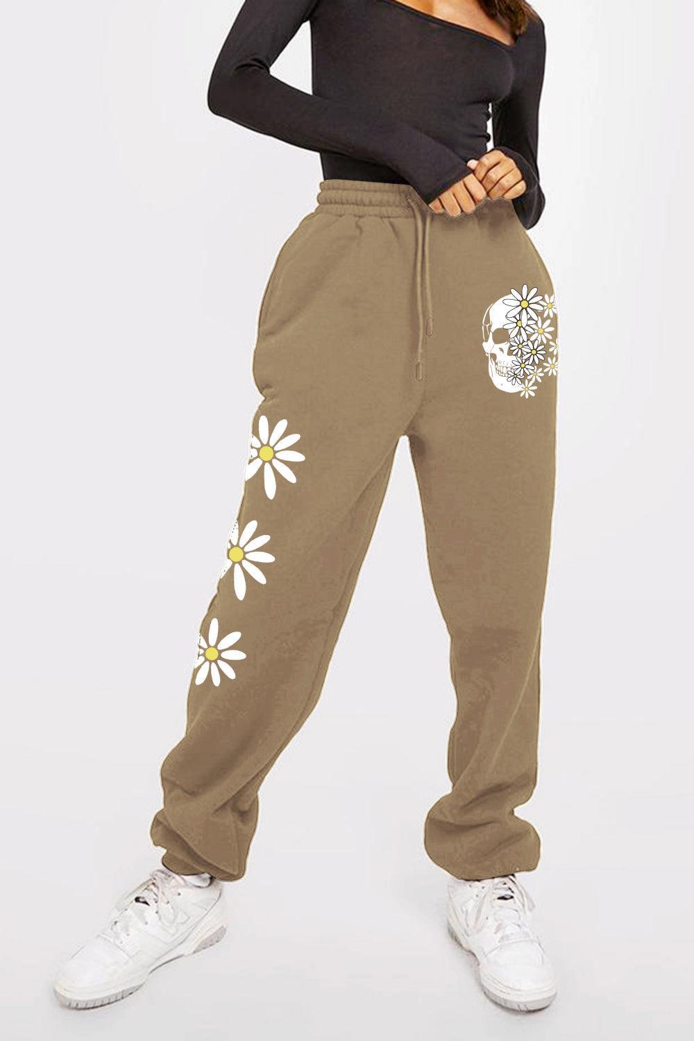 Flower And Skull Graphic Elastic Waist Sweatpants - MXSTUDIO.COM