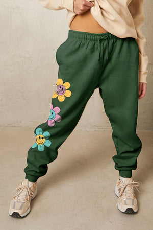 Flower Graphic Elastic Waist Green Sweatpants - MXSTUDIO.COM