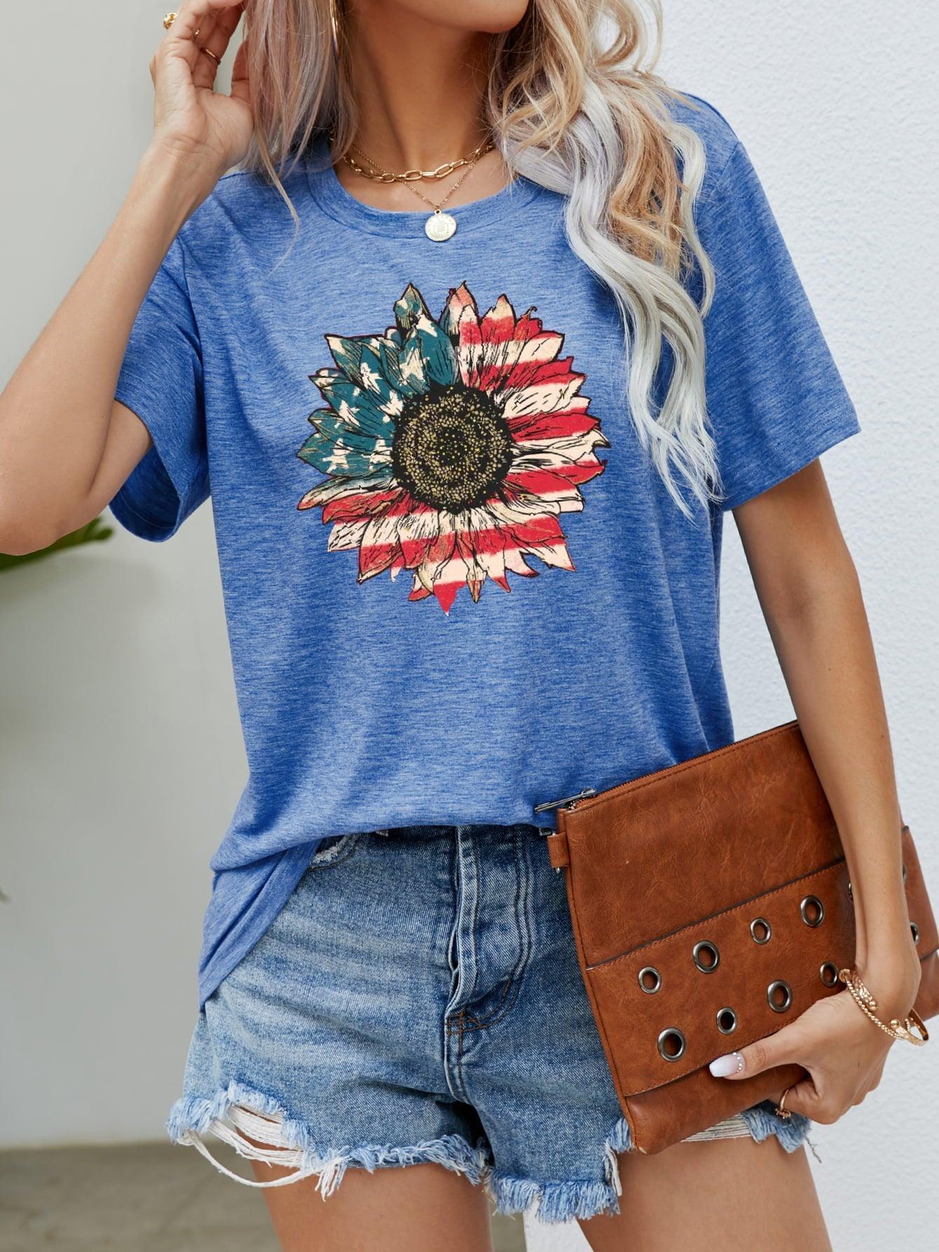 Flower Short Sleeve American Flag T Shirt - MXSTUDIO.COM