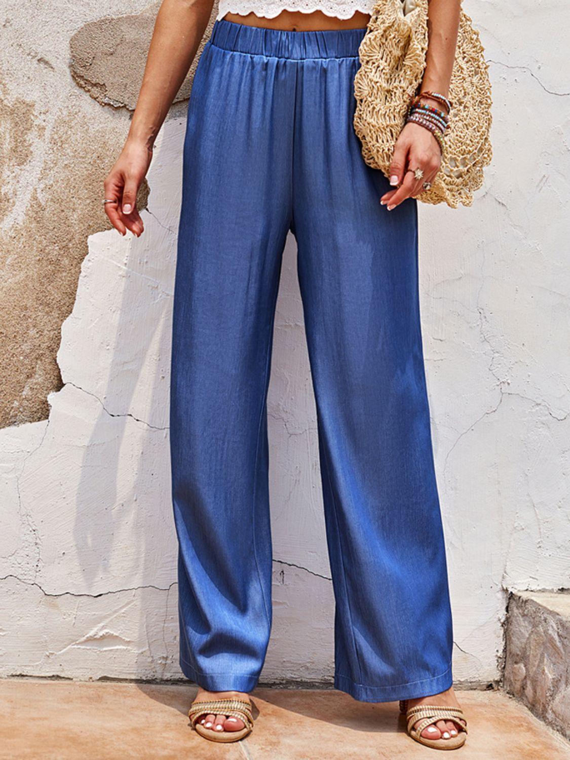 Flowy Chic Elastic Waist Blue Straight Leg Pants - MXSTUDIO.COM