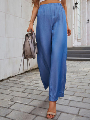 Flowy Chic Elastic Waist Blue Straight Leg Pants - MXSTUDIO.COM