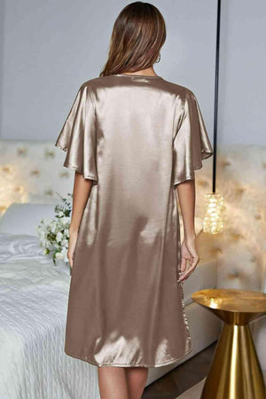 Flutter Sleeve Satin V Neck Nightgown - MXSTUDIO.COM