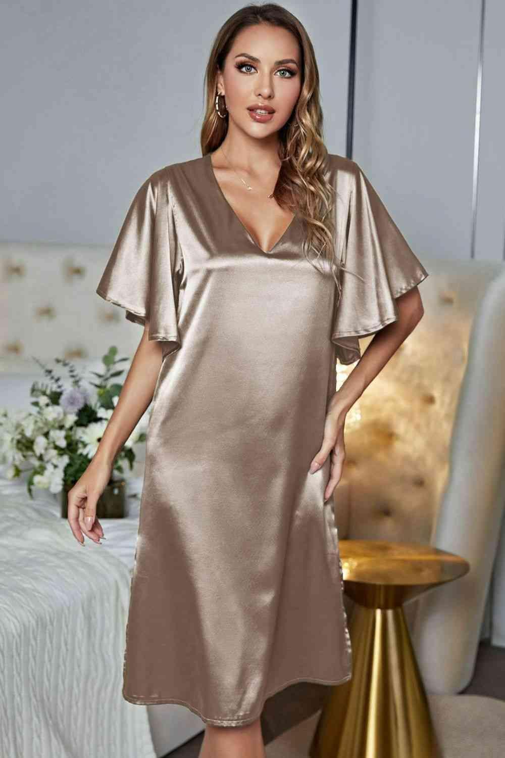 Flutter Sleeve Satin V Neck Nightgown - MXSTUDIO.COM