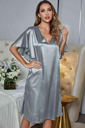 Flutter Sleeve Satin V Neck Nightgown - MXSTUDIO.COM