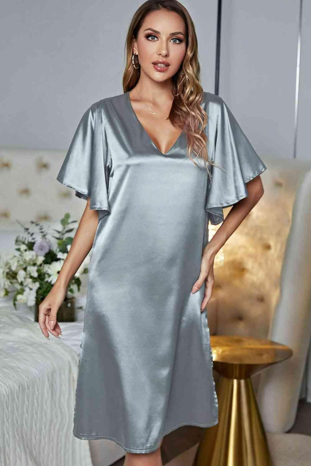 Flutter Sleeve Satin V Neck Nightgown - MXSTUDIO.COM