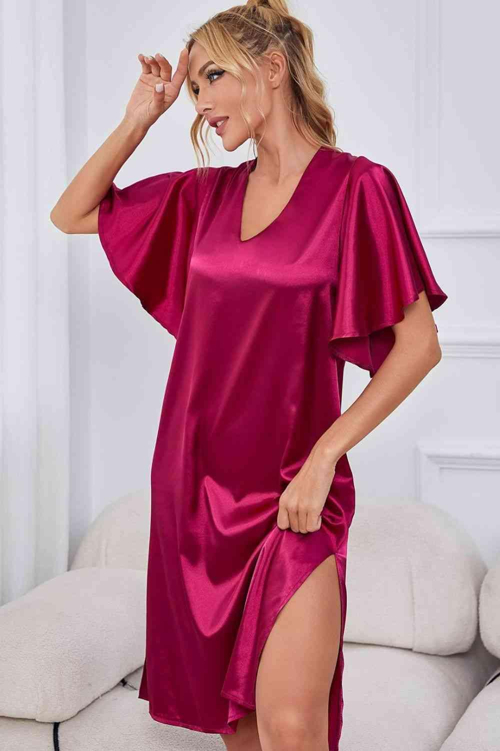 Flutter Sleeve Satin V Neck Nightgown - MXSTUDIO.COM