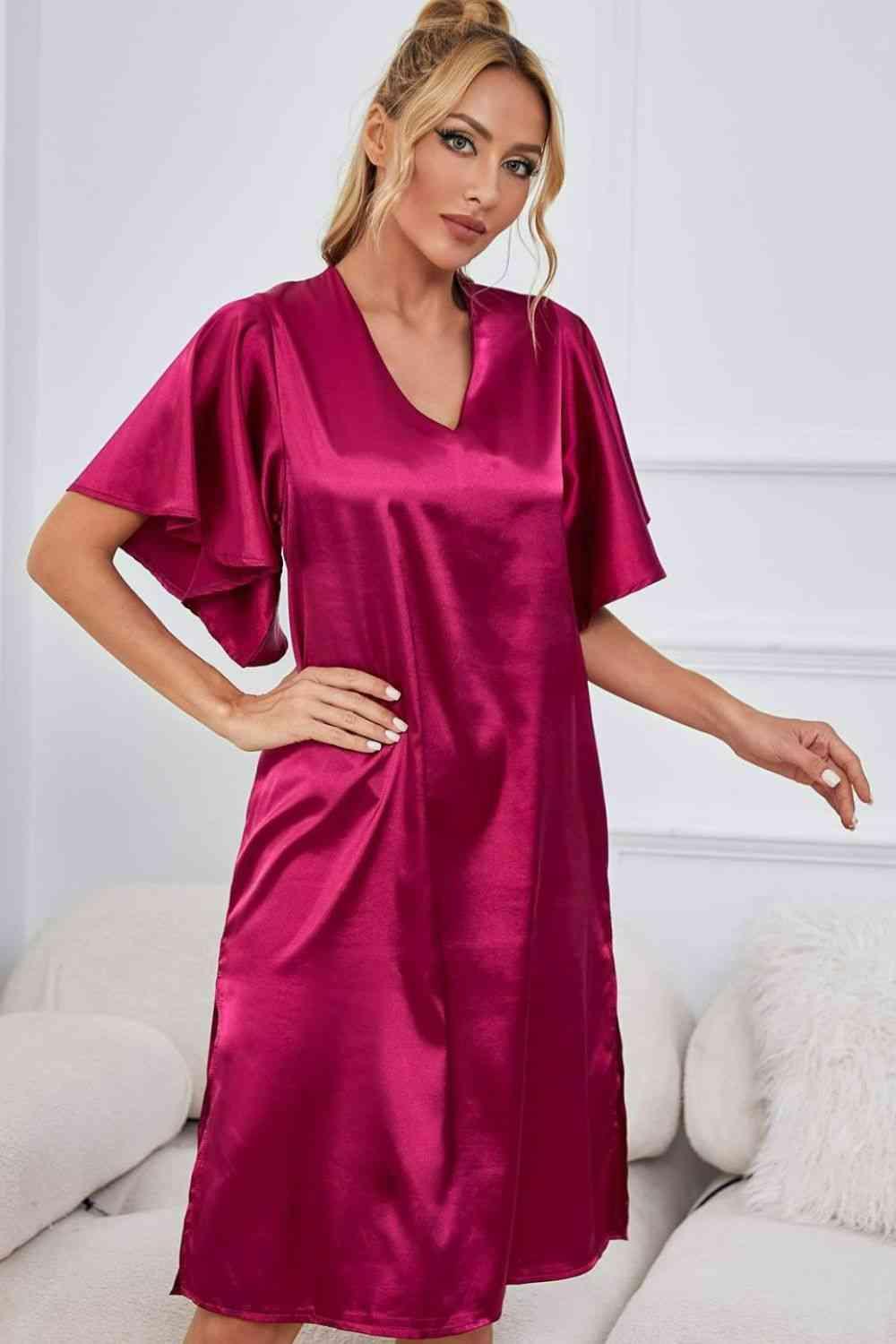 Flutter Sleeve Satin V Neck Nightgown - MXSTUDIO.COM