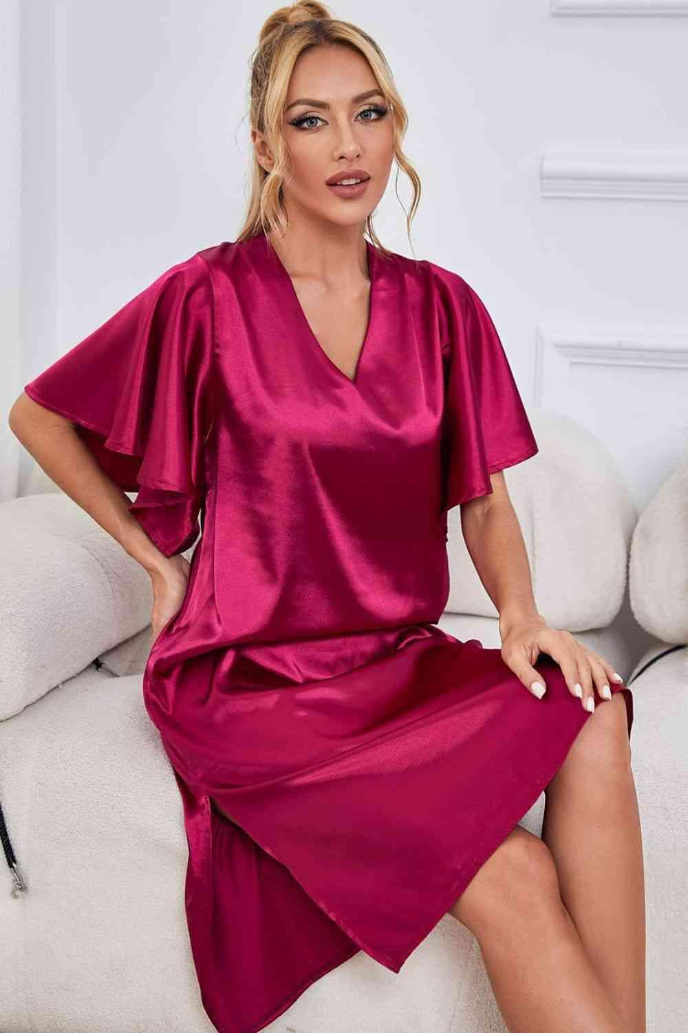 Flutter Sleeve Satin V Neck Nightgown - MXSTUDIO.COM