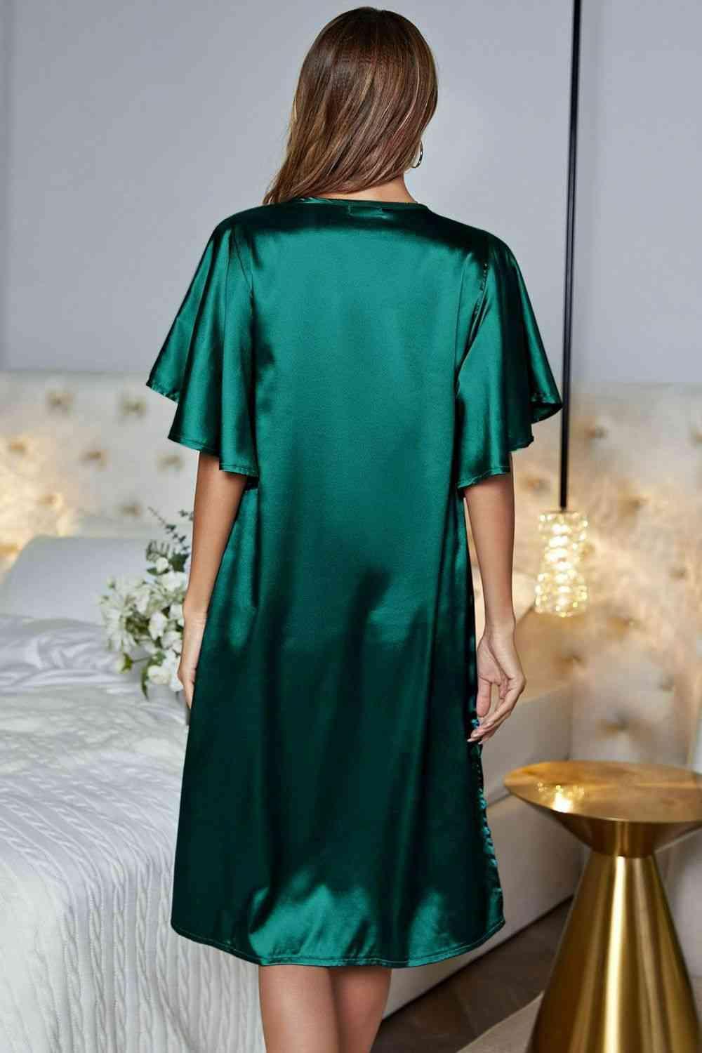 Flutter Sleeve Satin V Neck Nightgown - MXSTUDIO.COM