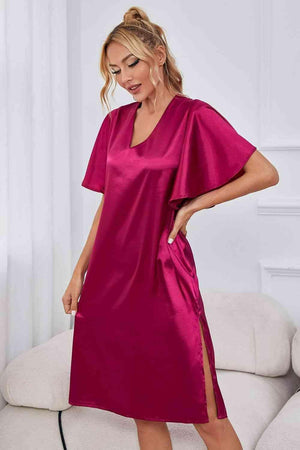 Flutter Sleeve Satin V Neck Nightgown - MXSTUDIO.COM