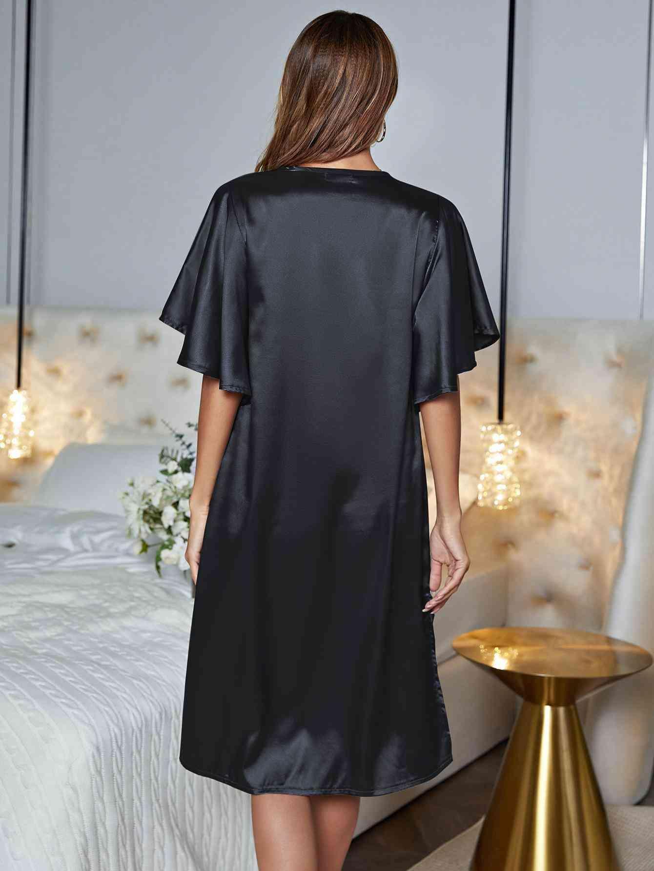 Flutter Sleeve V-Neck Black Nightgown - MXSTUDIO.COM
