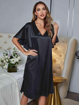 Flutter Sleeve V-Neck Black Nightgown - MXSTUDIO.COM