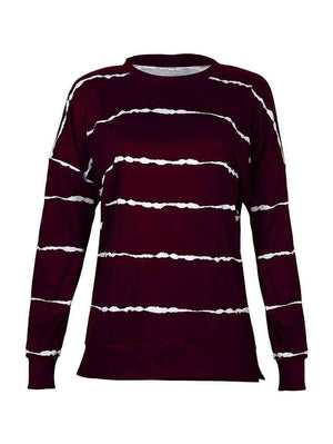 a women's maroon sweater with white stripes