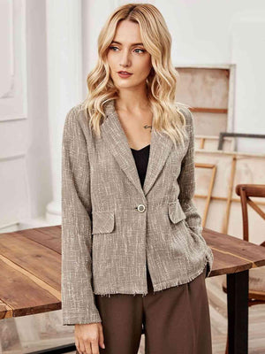 Formal Yet Edgy Raw Hem Khaki Blazer - MXSTUDIO.COM