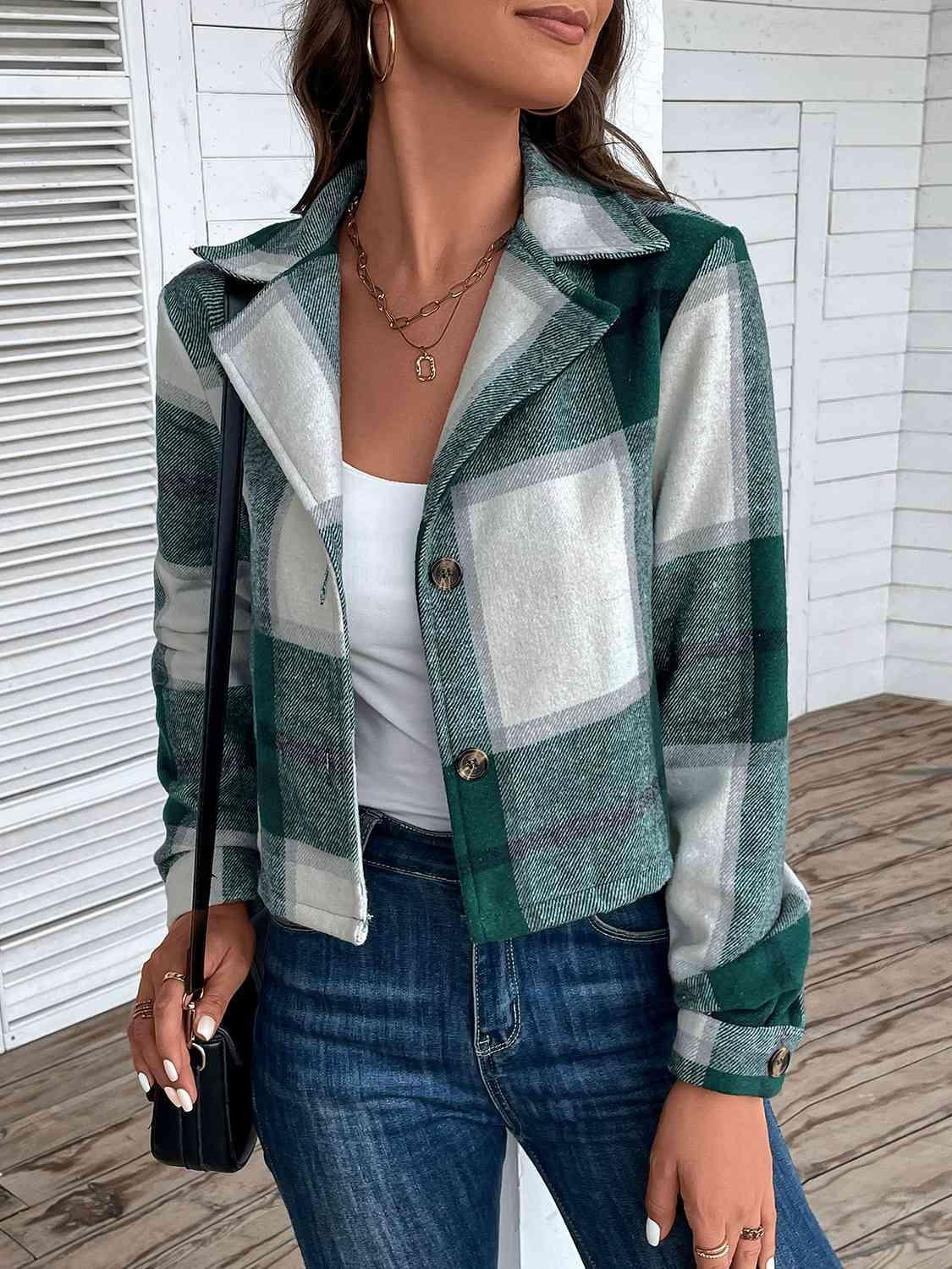 Formally Cozy Plaid Buttoned Notch Collar Jacket-MXSTUDIO.COM