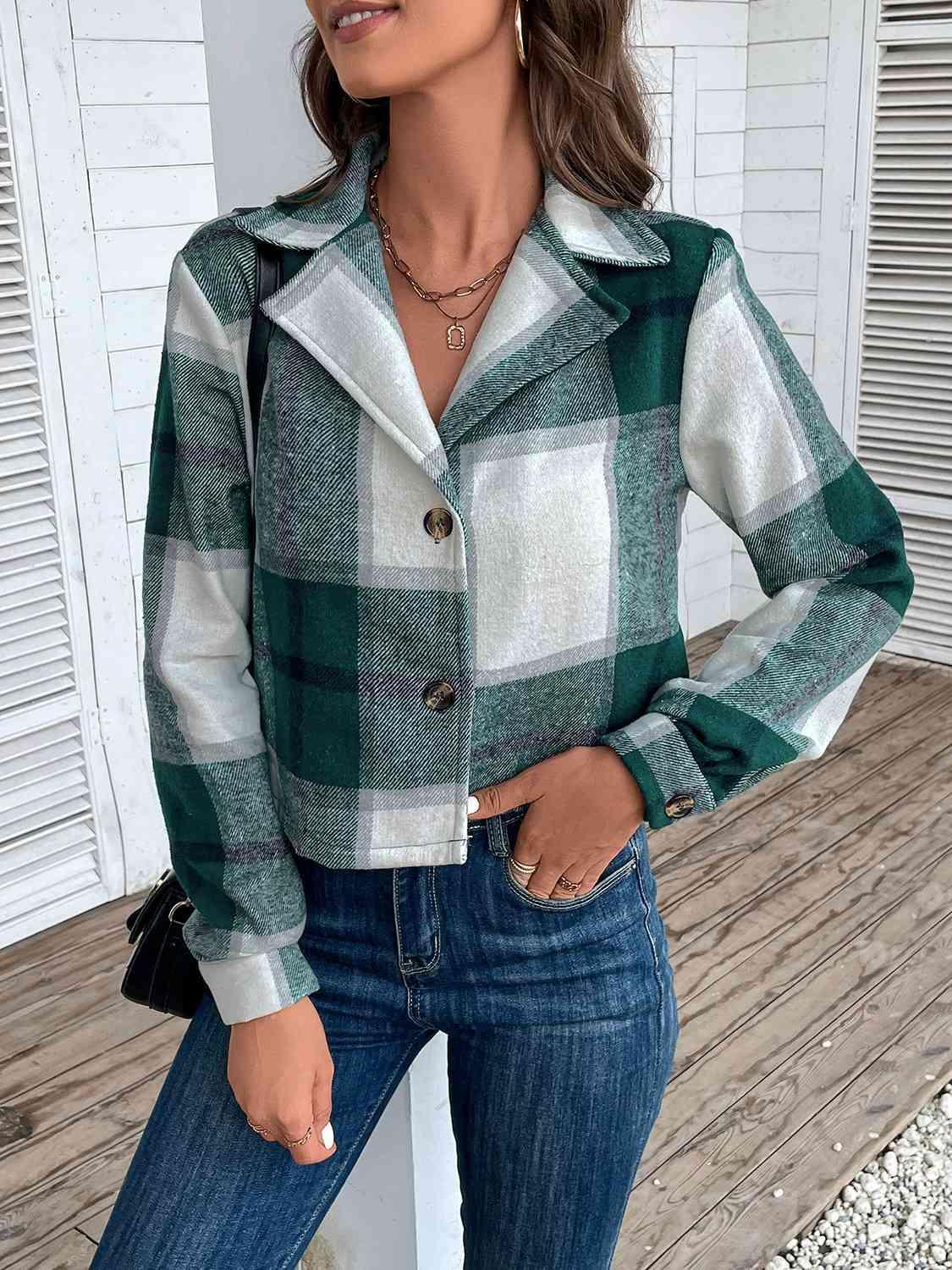 Formally Cozy Plaid Buttoned Notch Collar Jacket-MXSTUDIO.COM