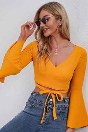 Foxy Tie Front Flounce Sleeve Crop Top - MXSTUDIO.COM