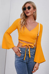 Foxy Tie Front Flounce Sleeve Crop Top - MXSTUDIO.COM