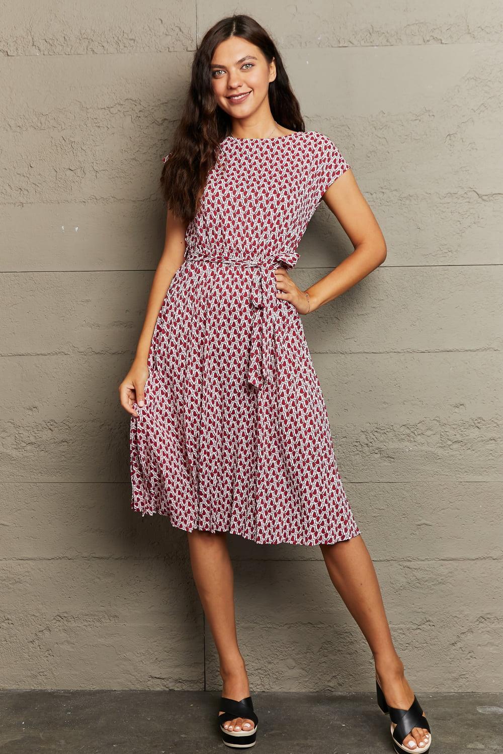 Free All Day Short Sleeve Tie Waist Midi Dress - MXSTUDIO.COM