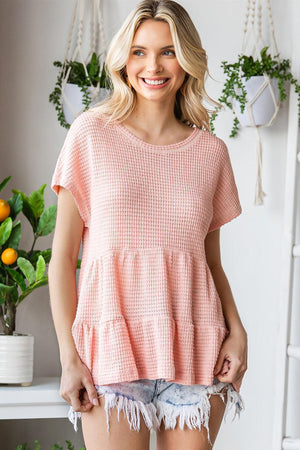 Free And Beautiful Waffle-Knit Peplum Blouse - MXSTUDIO.COM