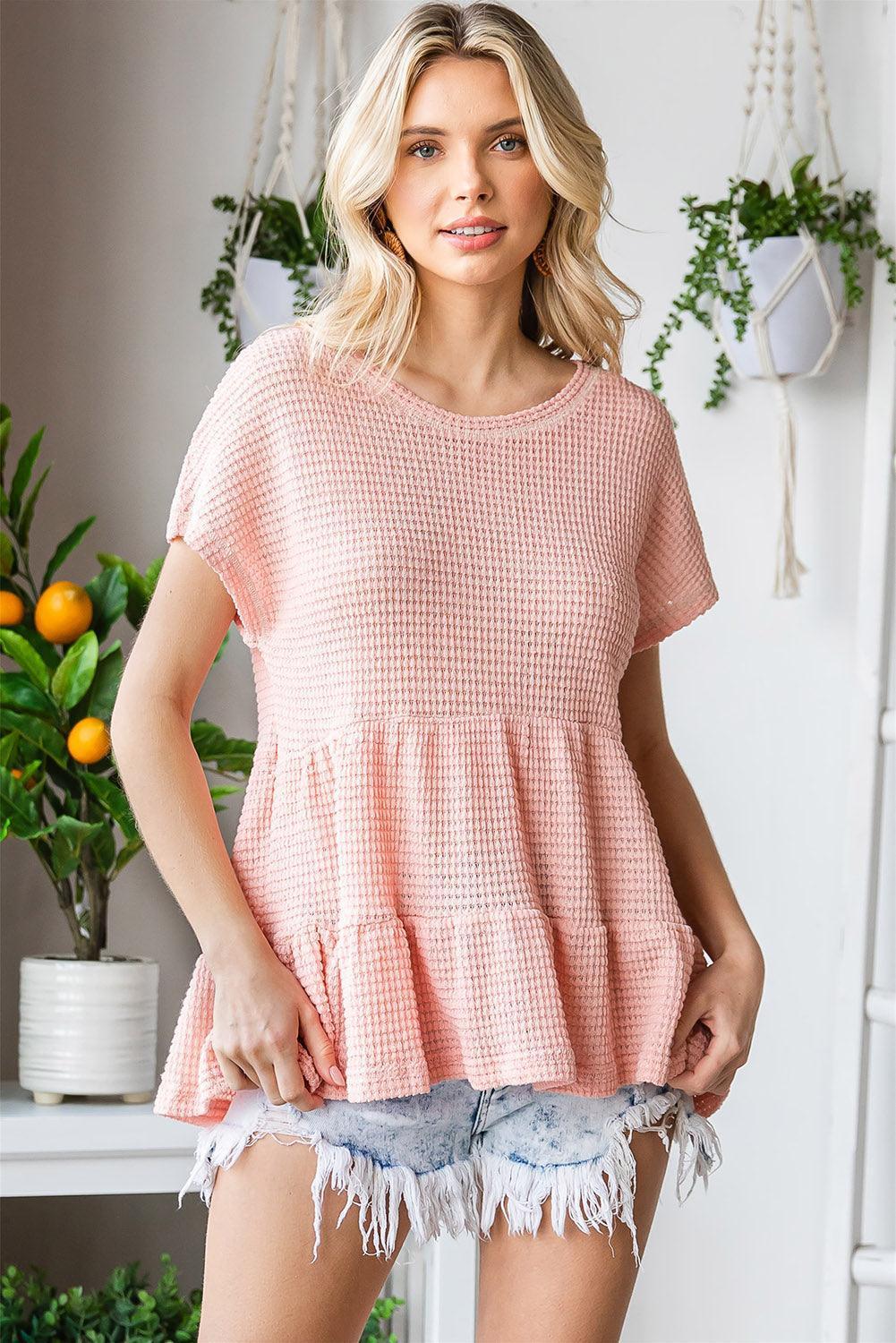 Free And Beautiful Waffle-Knit Peplum Blouse - MXSTUDIO.COM