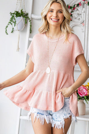 Free And Beautiful Waffle-Knit Peplum Blouse - MXSTUDIO.COM