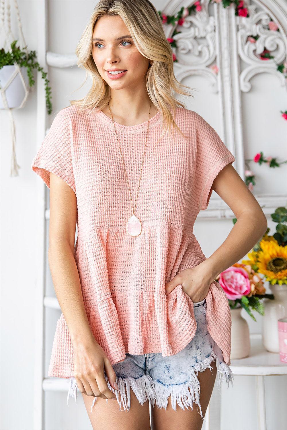 Free And Beautiful Waffle-Knit Peplum Blouse - MXSTUDIO.COM