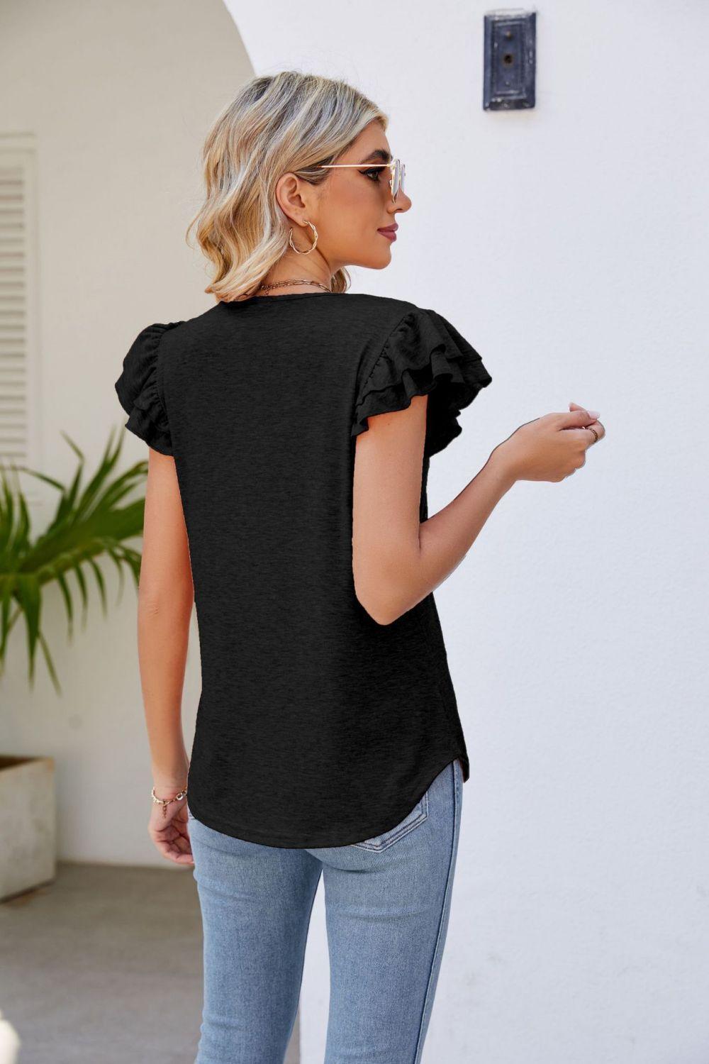 Free Spirit V Neck Flutter Sleeve Blouse - MXSTUDIO.COM